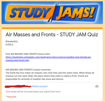 Preview of Air Masses and Fronts StudyJams Google Form Quiz