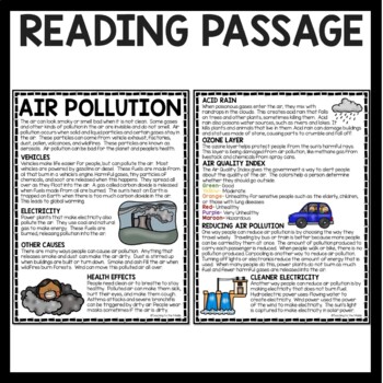 Air Pollution Informational Text Reading Comprehension Worksheet Earth Day