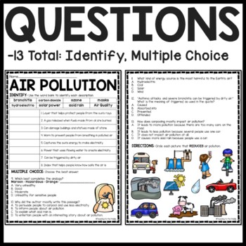 Air Pollution Informational Text Reading Comprehension Worksheet Earth Day