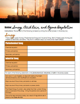 Preview of Air Pollution Review - Smog, Acid rain, and Ozone Depletion (virtual worksheet) 