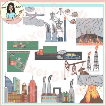 Preview of Air Pollution Sources Clip Art, Emissions, Volcanoes, Wild Fires etc.