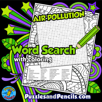 Preview of Air Pollution Word Search Puzzle Activity with Coloring | Environmental Issues