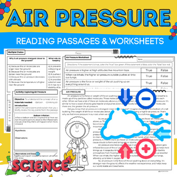 Preview of Air Pressure Science Reading Passage & Worksheets: Experiments Included