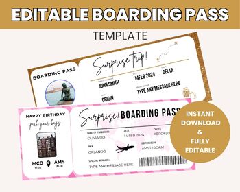 Preview of Airline Plane Ticket Template, Customizable Plane Tickets, Instant Download