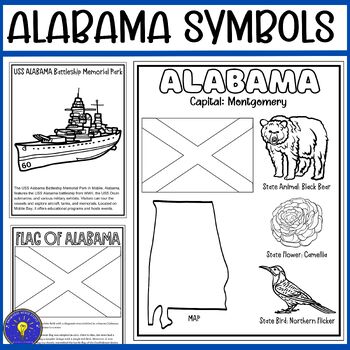Alabama Symbols Coloring Pages | Flag - Maps - Landmark and 3 State Symbols