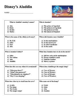 Preview of Aladdin (Disney 1992) Movie Questions (Perfect Movie Day/Sub Lesson Activity)
