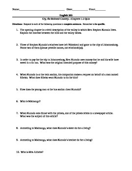 Cry The Beloved Country Test Worksheets Teaching Resources Tpt