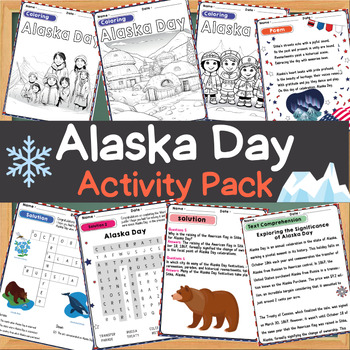 Preview of Alaska Day Activity Pack Reading Comprehension Poem Word Search Crossword colo..