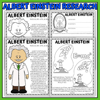 Preview of Albert Einstein Biography Research, Coloring Page, and Poster
