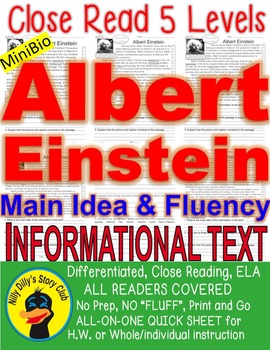 Preview of Albert Einstein CLOSE READING 5 LEVEL COMPREHENSION PASSAGES Main idea Fluency!!