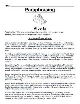 Preview of Alberta Paraphrasing Worksheet (Canada)