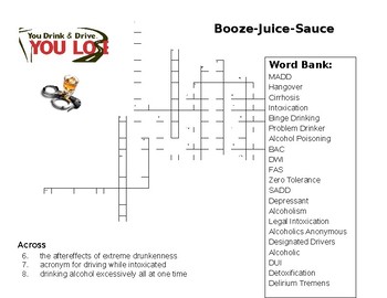 Alcohol Crossword Worksheet for Health Education TpT