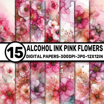 Alcohol Ink Pink Flowers Pattern Digital Papers by ELKS ART STUDIO