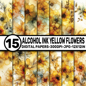 Alcohol Ink Yellow Flowers Pattern Digital Papers by ELKS ART STUDIO