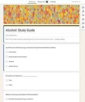 Preview of Alcohol: Study Guide: Google Form with matching Blooket Game