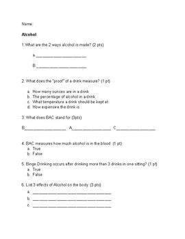 Preview of Alcohol/Tobacco quiz WITH ANSWER KEY