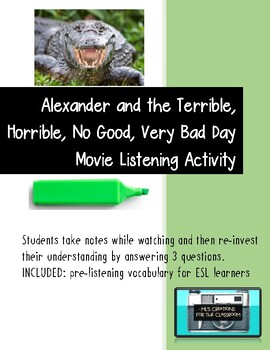 Preview of Alexander Terrible Horrible Day Movie - Vocabulary and Comprehension Questions