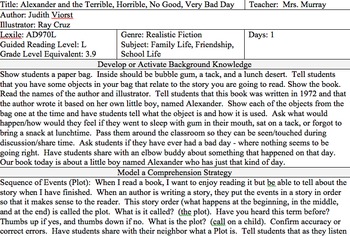 Alexander And The Terrible Horrible No Good Very Bad Day Lesson First Grade