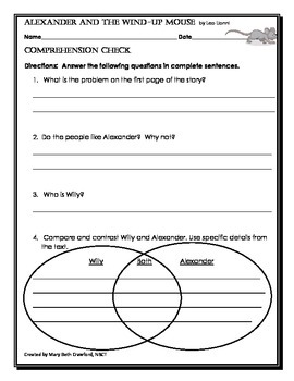 Alexander And The Wind Up Mouse Comprehension And Written Response Activities