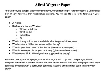 Preview of Alfred Wegener/Continental Drift Writing Assignment