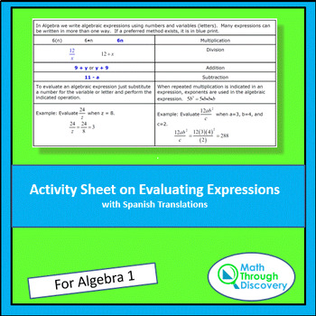Preview of Alg 1 - Evaluating Expressions Activity Sheet