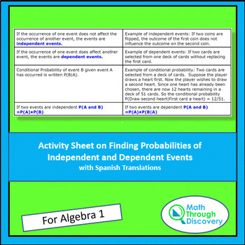 Preview of Alg 1 - Finding Probabilities of Independent & Dependent Events  Activity Sheet