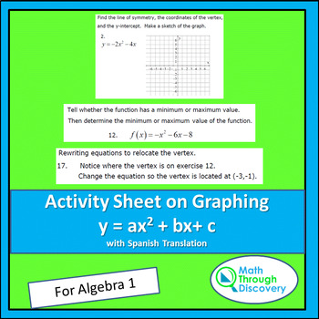 Alg 1 Activity Sheet Graphing Y Ax 2 Bx C By Math Through Discovery Llc