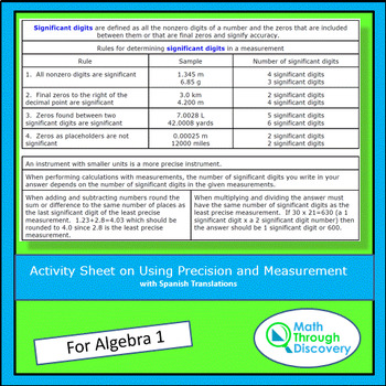 Preview of Alg 1 - Using Precision and Measurement Activity Sheet