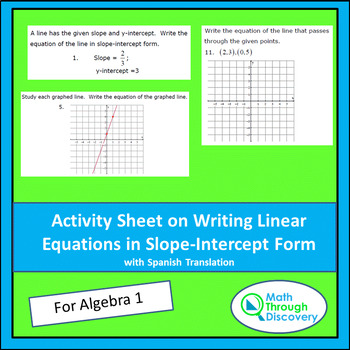 Preview of Alg 1 - Writing Linear Equations in Slope-Intercept Form Activity Sheet