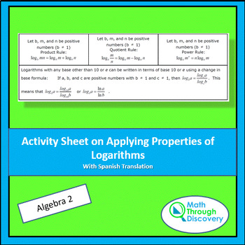 Preview of Alg 2 - Applying Properties of Logarithms Activity Sheet