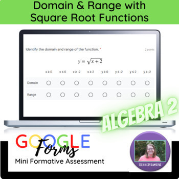 Preview of Alg 2 Domain & Range with Square Root Functions Mini Formative Assessment