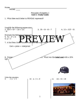 Preview of Study Guide:Order Operations, Evaluating Expressions, Solving Eqns, Inequalities