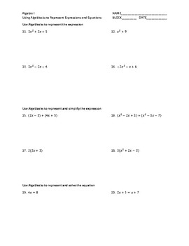 Algeblocks Representing and Simplifying Expressions Worksheet | TPT