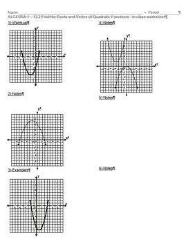 Preview of Algebra 1 - 12.2 Find the Roots and Vertex of Quadratic Functions classwork