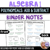 Algebra 1 - Adding and Subtracting Polynomials - Binder Notes