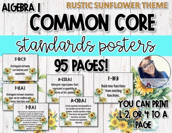 Preview of Algebra 1 CCSS Standard Posters Rustic Farmhouse Sunflower Theme