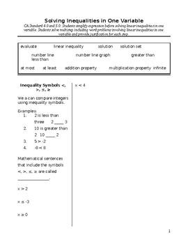 Preview of Algebra: Cornell Notes on Solving Inequalities in One Variable