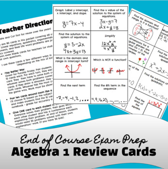 Preview of Algebra 1 End of Course Final Exam Review Task Cards (80 cards)