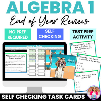 Preview of Algebra 1 End of Year Review Digital Puzzle Pixel Art and Print Task Cards