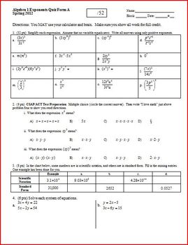 Algebra 1 Exponents Quiz, Two versions, one page each (Editable)