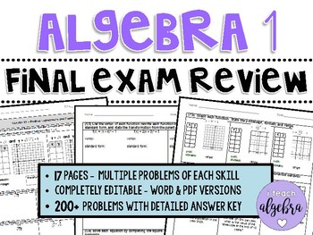 Preview of Algebra 1 - Final Exam Benchmark End of Year EOC Spiral Review Packet