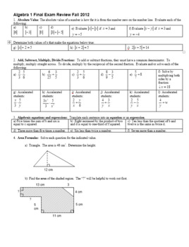 Preview of Algebra 1 Final Exam Review: Fall 2012 with Answer Key (Editable)