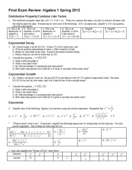 Algebra 1 Final Exam Review Spring 2012 With Answer Key Editable