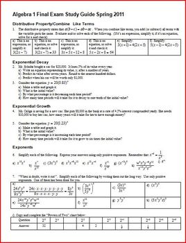 Preview of Algebra 1 Final Exam Review Study Guide: Spring 2011 (Editable)