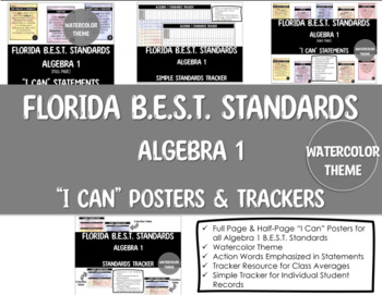 Preview of Algebra 1 Florida B.E.S.T. Standards Posters & Trackers (Watercolor Version)