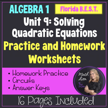 Preview of Algebra 1 Florida BEST Unit 9 Solving Quadratic Equations Practice Worksheets