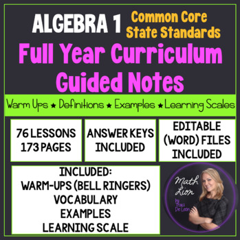 Preview of Algebra 1 Curriculum Full Year (Editable) Guided Notes | Math Lion