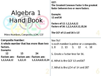 Preview of Algebra 1 Handbook  Prime Numbers, Composite, LCM, GCF
