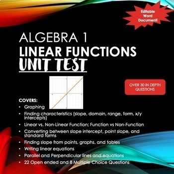 Preview of Algebra 1 Linear Functions Unit Test / Worksheet - Graphing, 3 forms, slope