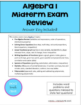 Preview of Algebra 1 - Mid-Term Exam Review with Key